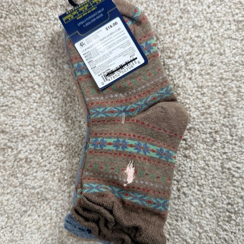 Polo Ralph Lauren Girls 3-Pack Crew Socks 2-4T Floral Fair Isle Alphabet NWT